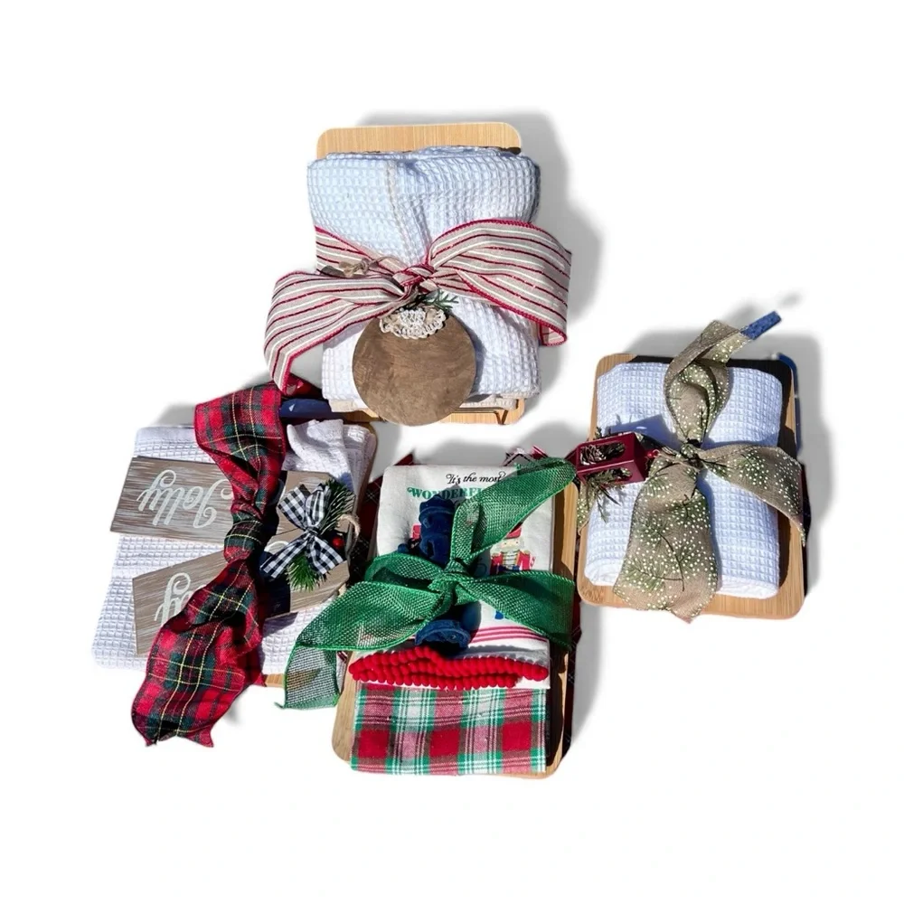 Festive Holiday Cutting Board Gift Set with Dish Towels, Ornament‎ and Ribbon